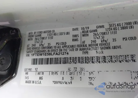 2020 Ford F-150 Xlt z USA, uszkodzony, nr VIN 1FTEW1E58LFA21274